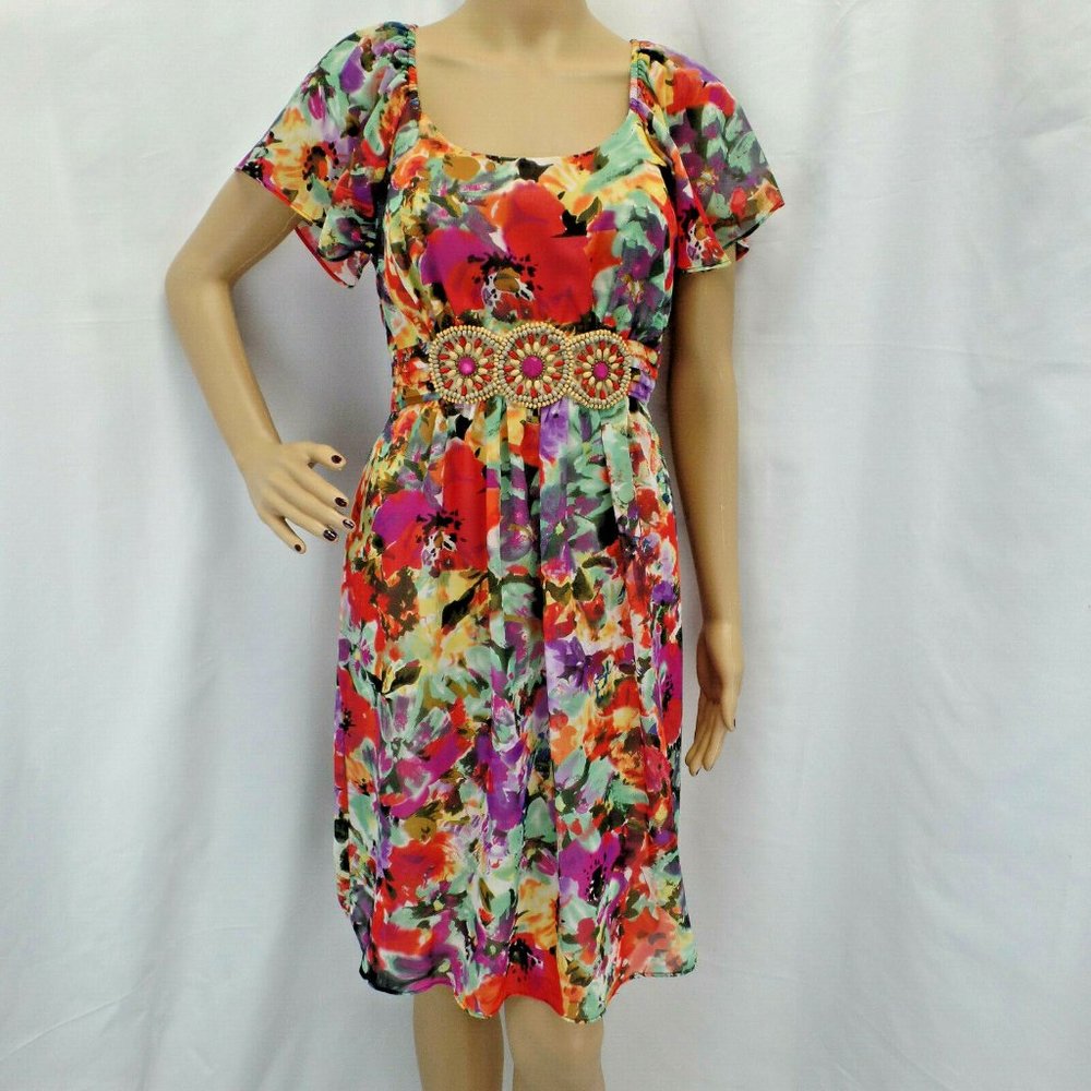 ICE  MULTICOLOR FLORAL BEADED EMPIRE WAIST BEADED CAREER CASUAL DRESS SIZE: 4